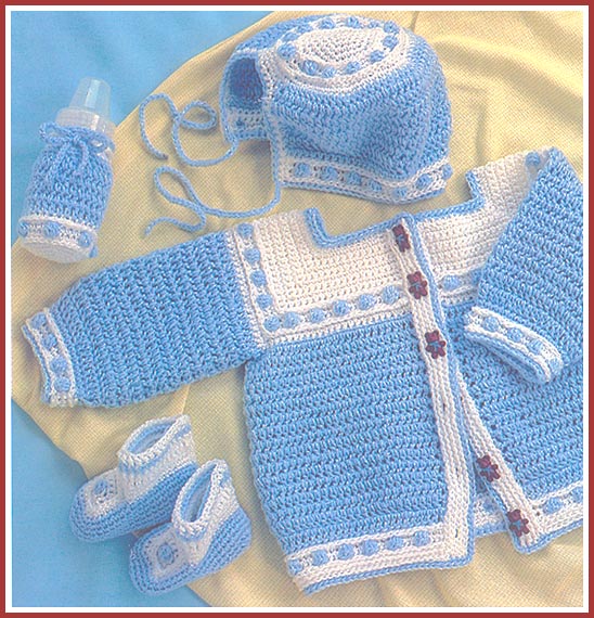Adorable sweater set matches Baby Blueberry Gingham afghan.