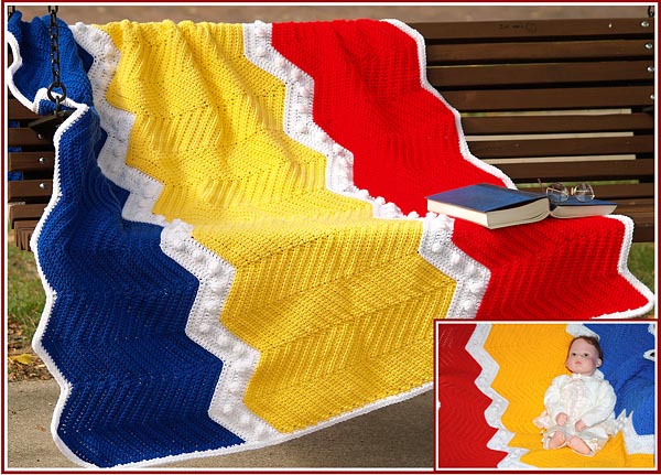 Connors Crayons Afghan is worked in bright primary colors, in a choice of three sizes