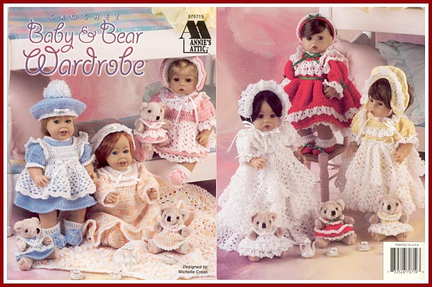 Wardrobe of crocheted outfits for 14 inch dolls and 5 inch bears