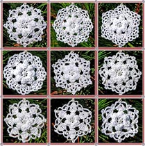 Nine rose-centered crochet snowflakes