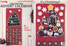 Leisure Arts Advent Calendar features crocheted Christmas Tree wall hanging and 25 ornaments to decorate it with.