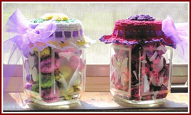 Friendship Quilt Jar Toppers have a rose in the center and can also be used as small accent doilies.