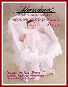 Cover of Herrschners Award Winning Baby Afghans 2003 book, featuring Roses in the Snow baby afghan