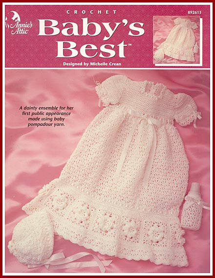 Baby's Best rose-bordered christening ensemble also has patterns for bonnet and bottle cover