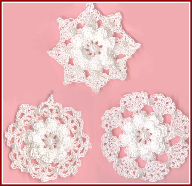 Three rose snowflakes with pearl trim.