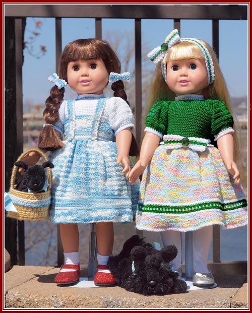 Dorothy in her blue jumper and her friend Evie in her Emerald Rainbow party dress.