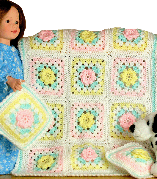 Dollys rose block blankie and pillow set fits doll bed for 18" doll or crib for 15" doll