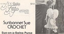 Original black & white version of Annie's Attic Crochet Sunbonnet Sue-on-a-swing Purse pattern