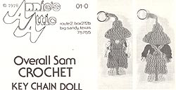 Original black & white version of Annie's Attic Crochet Overall Sam Key Chain Doll