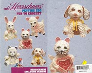 Herrschners Petting Zoo, five adorable big-eyed pets crocheted with baby yarn and embroidered faces.