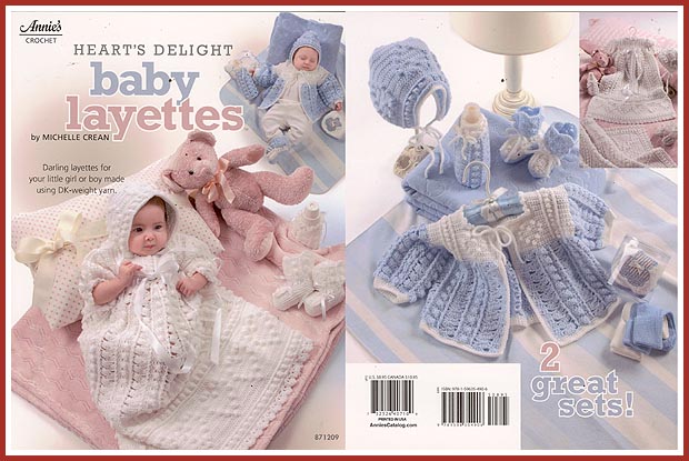 Heart's Delight Baby Layette pattern set includes christening gown, bonnet, booties, blanket, bottle holder, and sweater