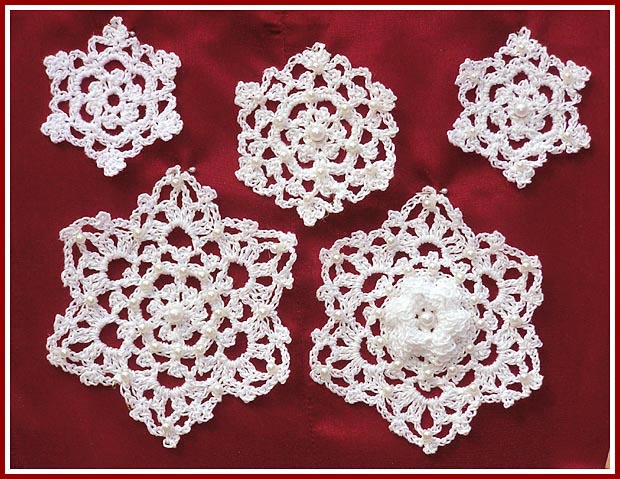Irish Crochet Snowflakes use size 10 crochet thread and pearl beads for trim.