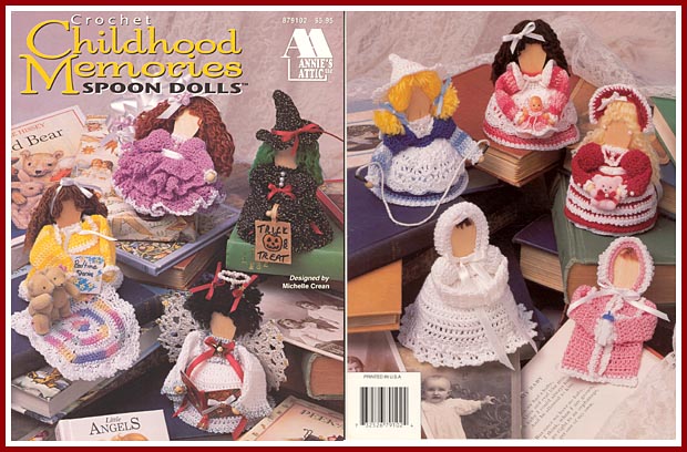 Childhood Memories features adorable miniature dolls crocheted around wooden ice cream spoons.
